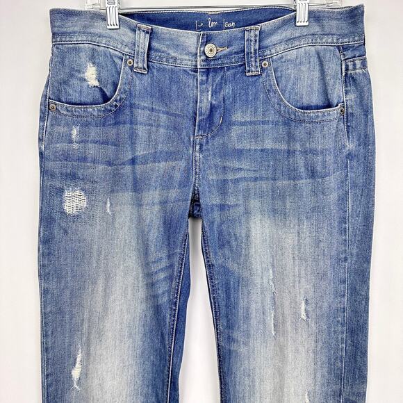 Vintage 90s Y2K London Jeans Boyfriend Straight Sz 8 Distressed Blue Denim Patch - Picture 2 of 11